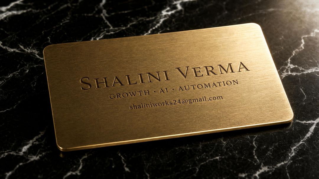 A brushed brass business card engraved Shalini Verma, shaliniworks24@gmail.com