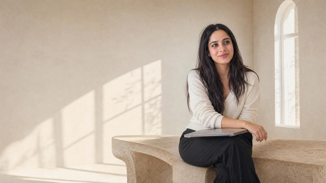 Shalini Verma in a limestone studio, a laptop on her knees, looking towards the window