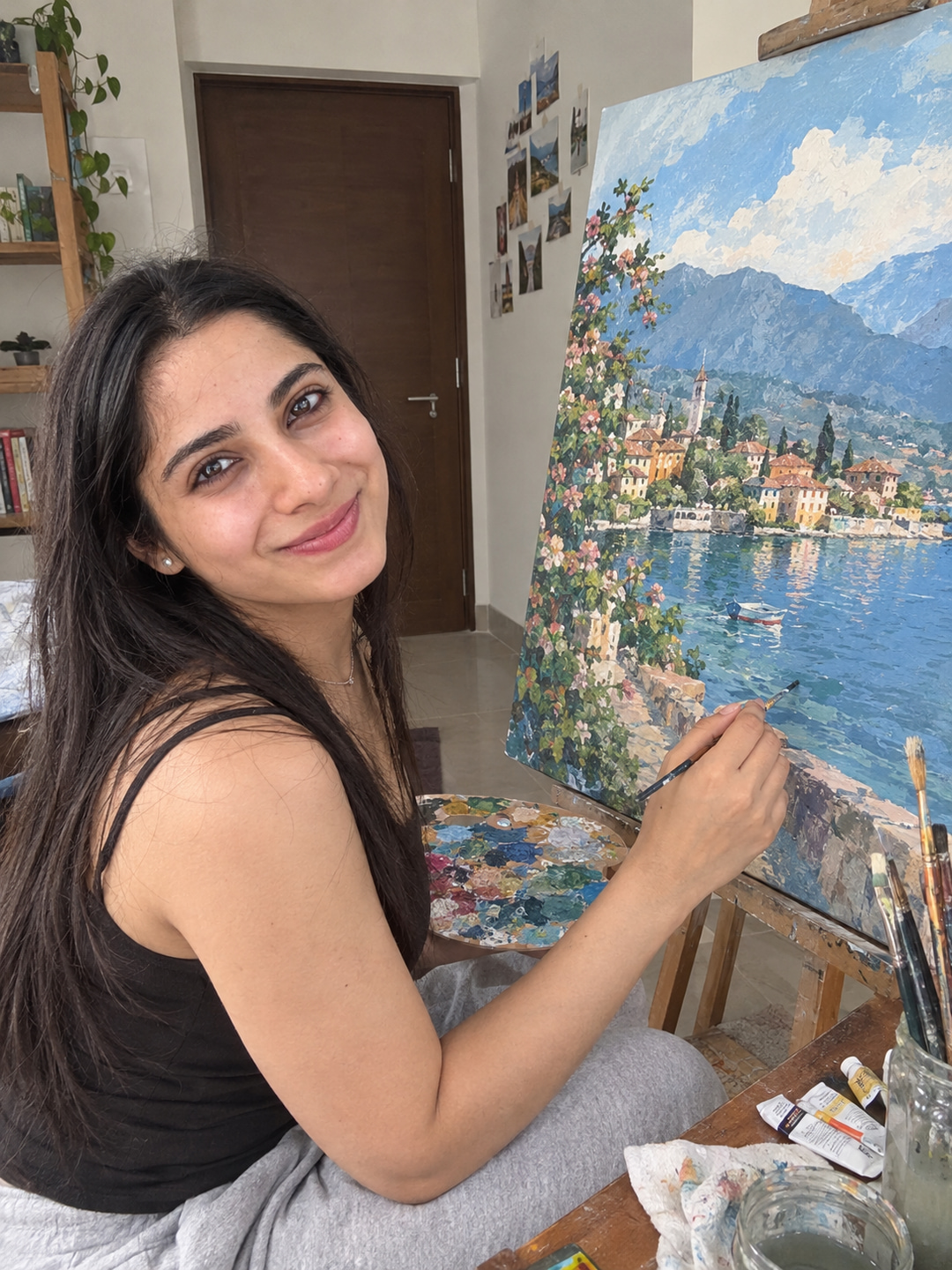Shalini painting a lakeside village at the easel
