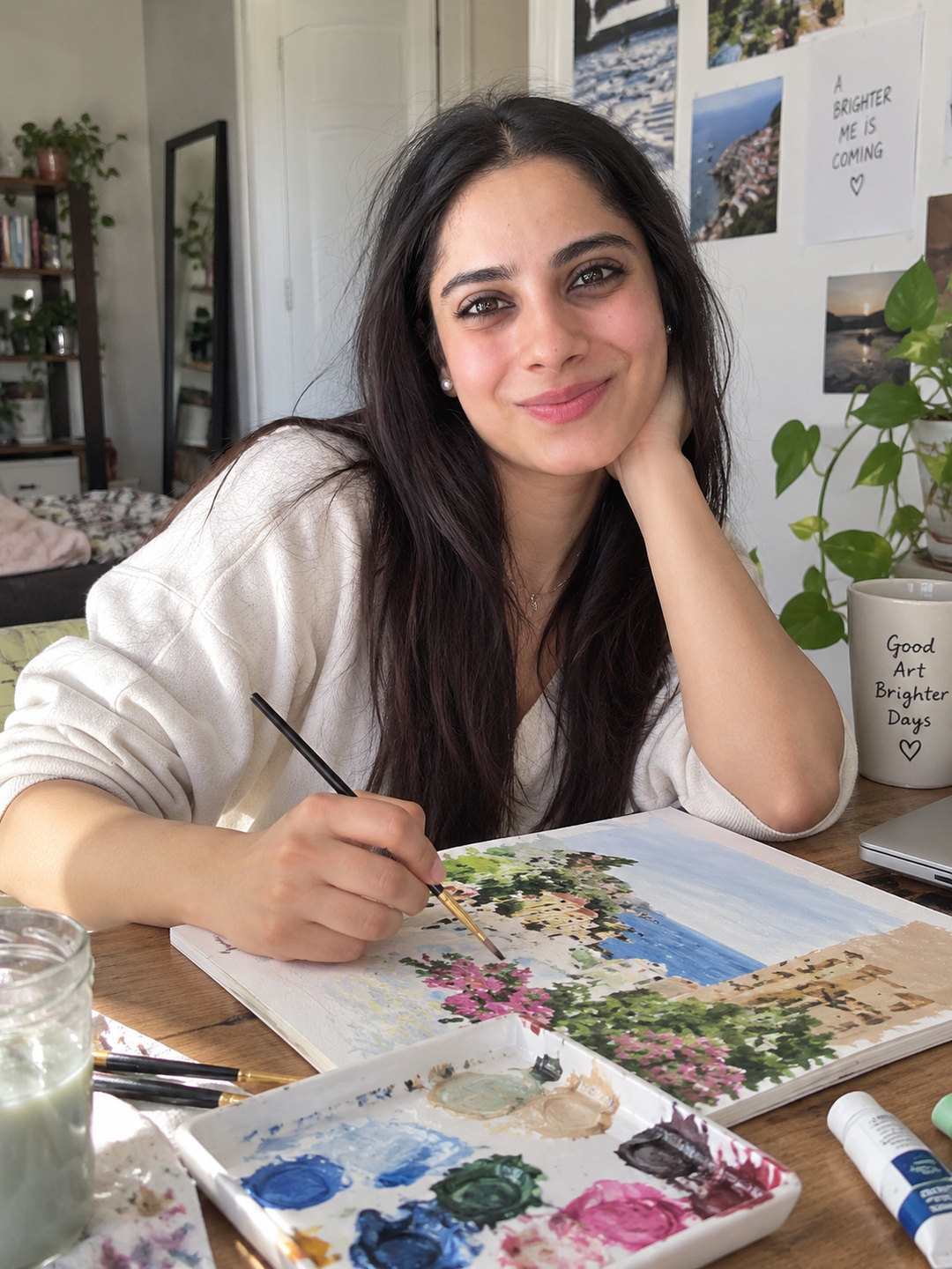 Shalini at her table with a watercolour sketch, smiling