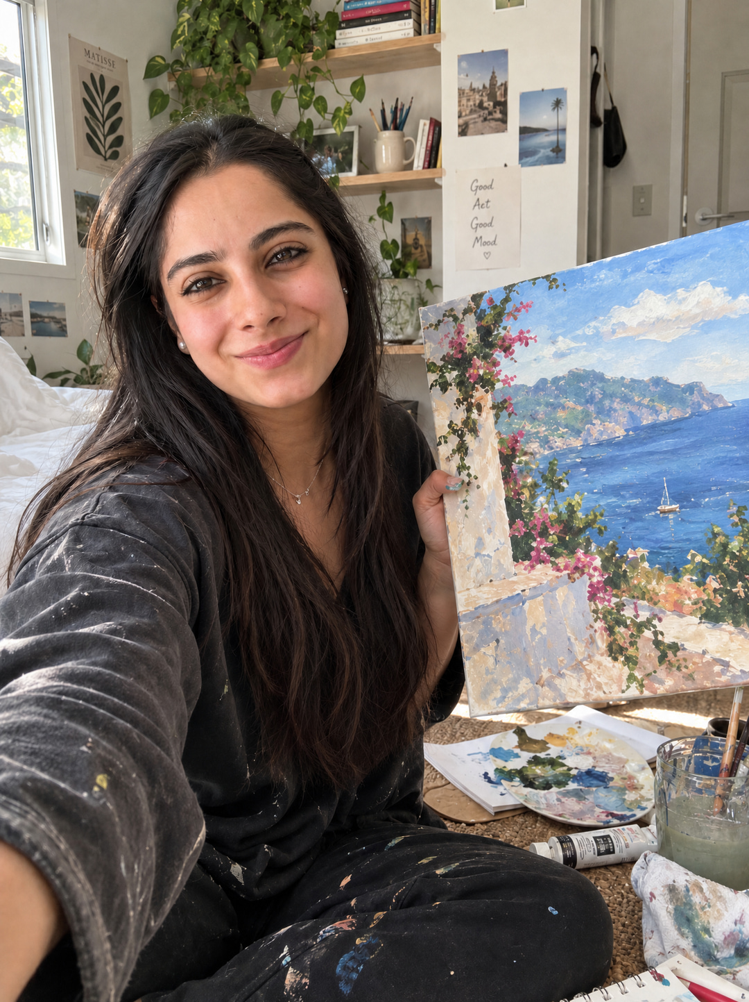 Shalini in her studio beside a coastal oil painting
