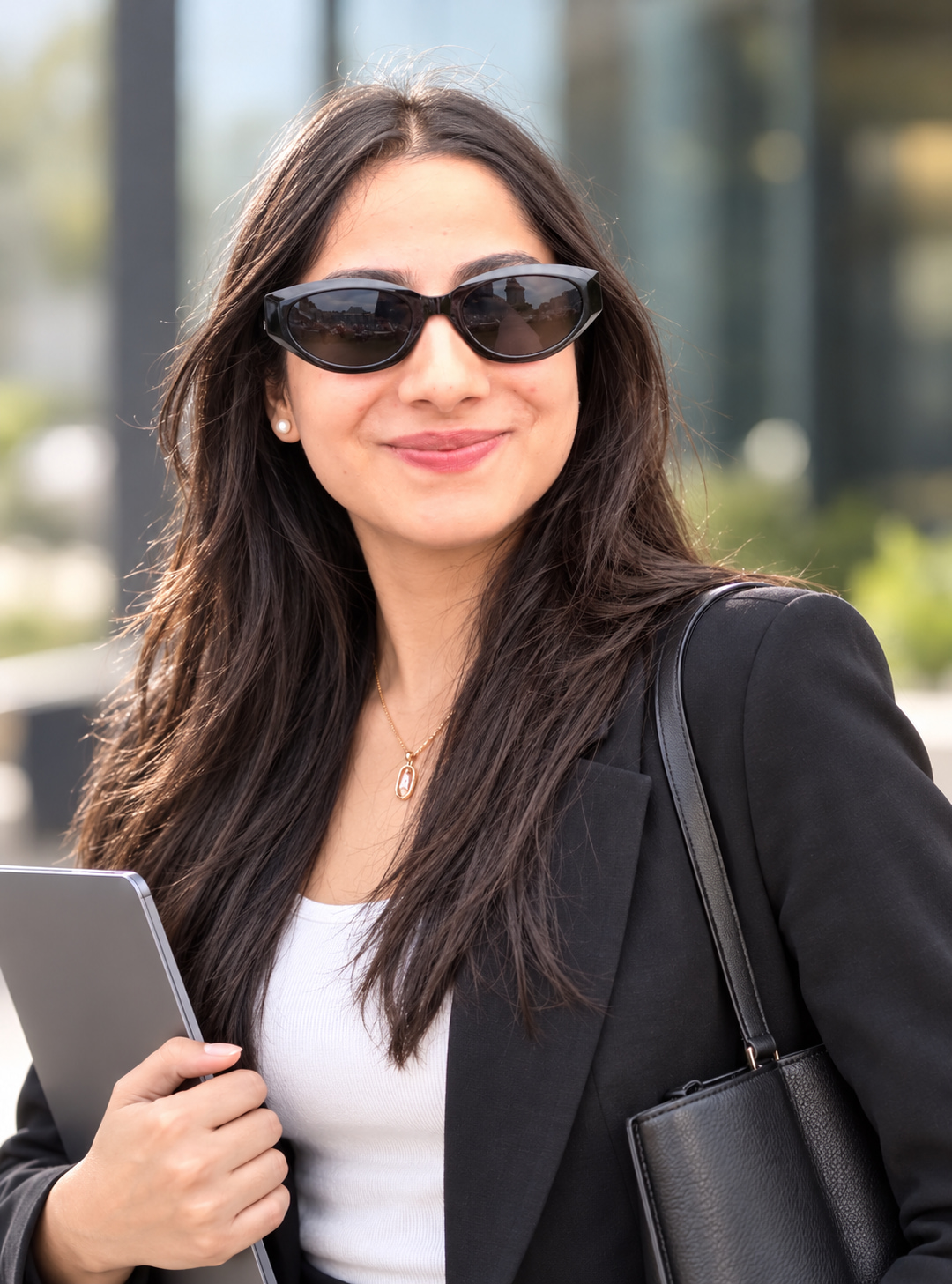 Shalini outdoors in sunglasses and a black blazer, holding a tablet